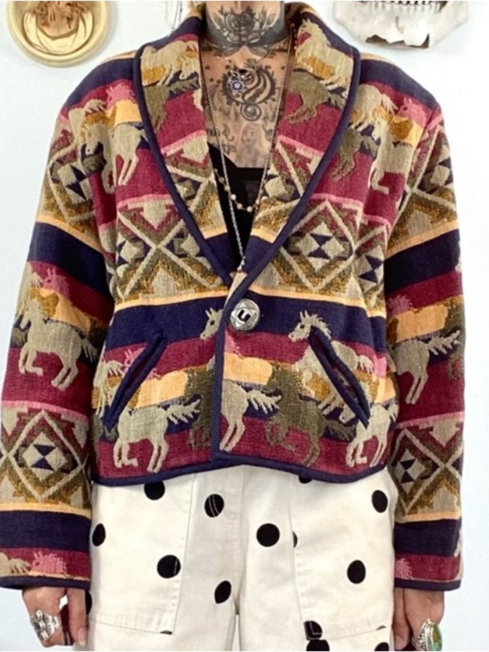 New Identity Vintage Western Boho Horse Tapestry Jacket - Size S